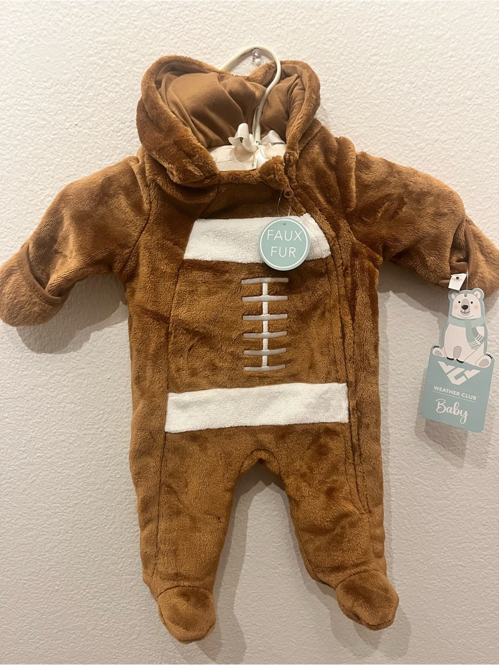 Baby Brown Faux Fur Football Footie with Hood